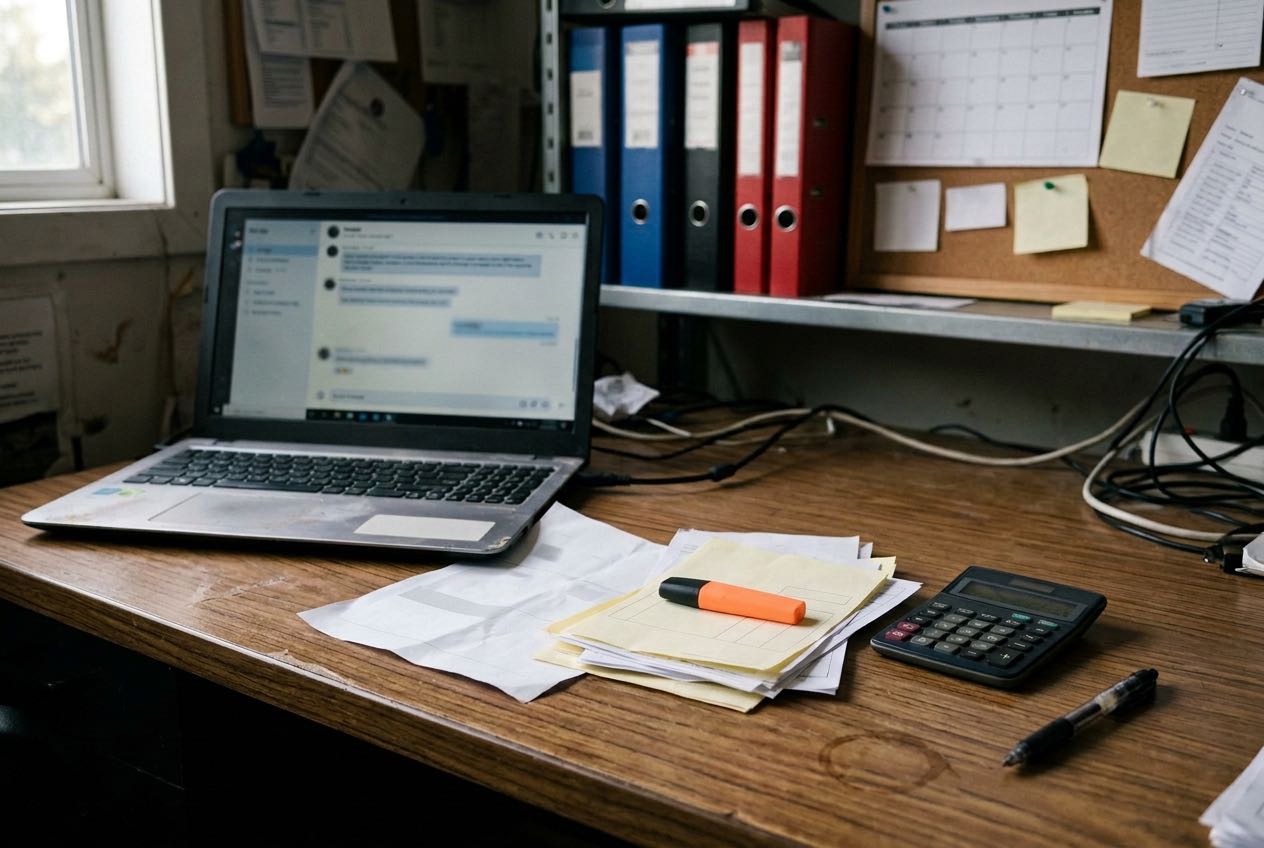 A worn laptop on a trades back-office desk, a chat window open on screen, beside a stack of carbon-copy invoices, a highlighter and a calculator.