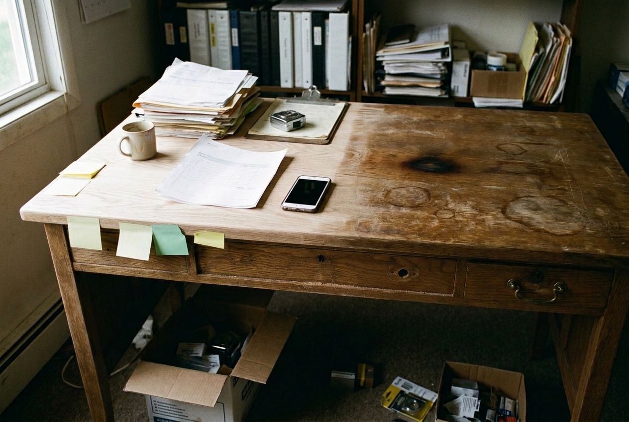 A half-restored oak desk in a cluttered back office: invoices stacked, a paper estimate beside a phone with a dark screen.