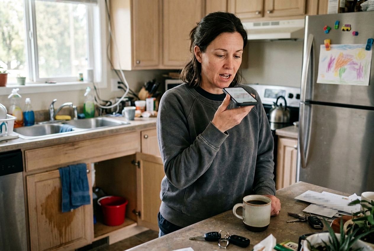 A woman at a cluttered kitchen counter holds her phone up and asks it a question; the cabinet under the sink is open with a towel and a bucket on the floor.