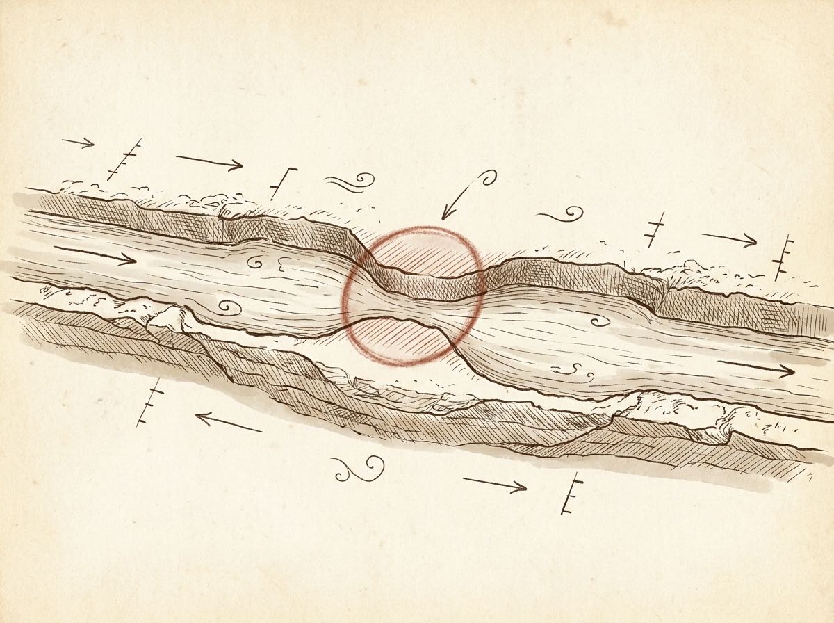 A codex hydrological study: water flowing through an earthen channel that narrows to a single tight throat, where the current is forced through one bottleneck — the constriction marked in red chalk. The single constraint that throttles the whole flow.