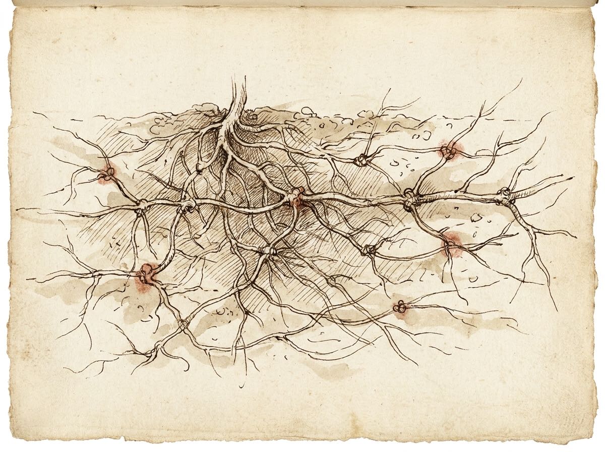 A codex study of a mycelial network alone — no mushroom — fine threads branching and interconnecting through the soil into a web, with a few nutrient-exchange nodes marked in red chalk. The hidden living network that feeds the whole system.