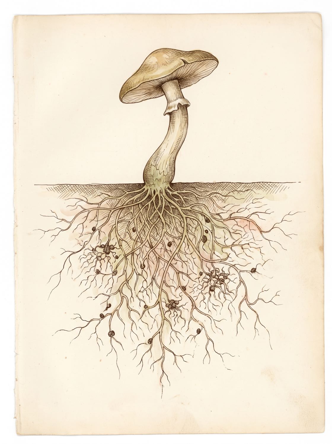 A codex botanical study: a single mushroom above the soil line, and beneath it an intricate root and mycelial network spreading through the earth — the hidden living system that feeds the visible fruit.