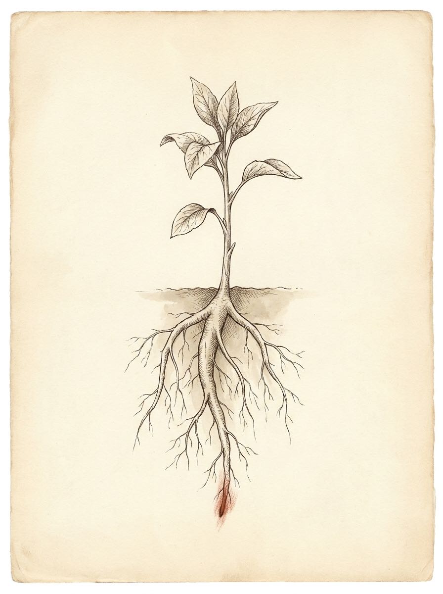 A codex botanical specimen study: a single upright plant drawn whole, a strong taproot and root system spreading below the soil line, the deepest root tip touched in red chalk. A conviction with roots.