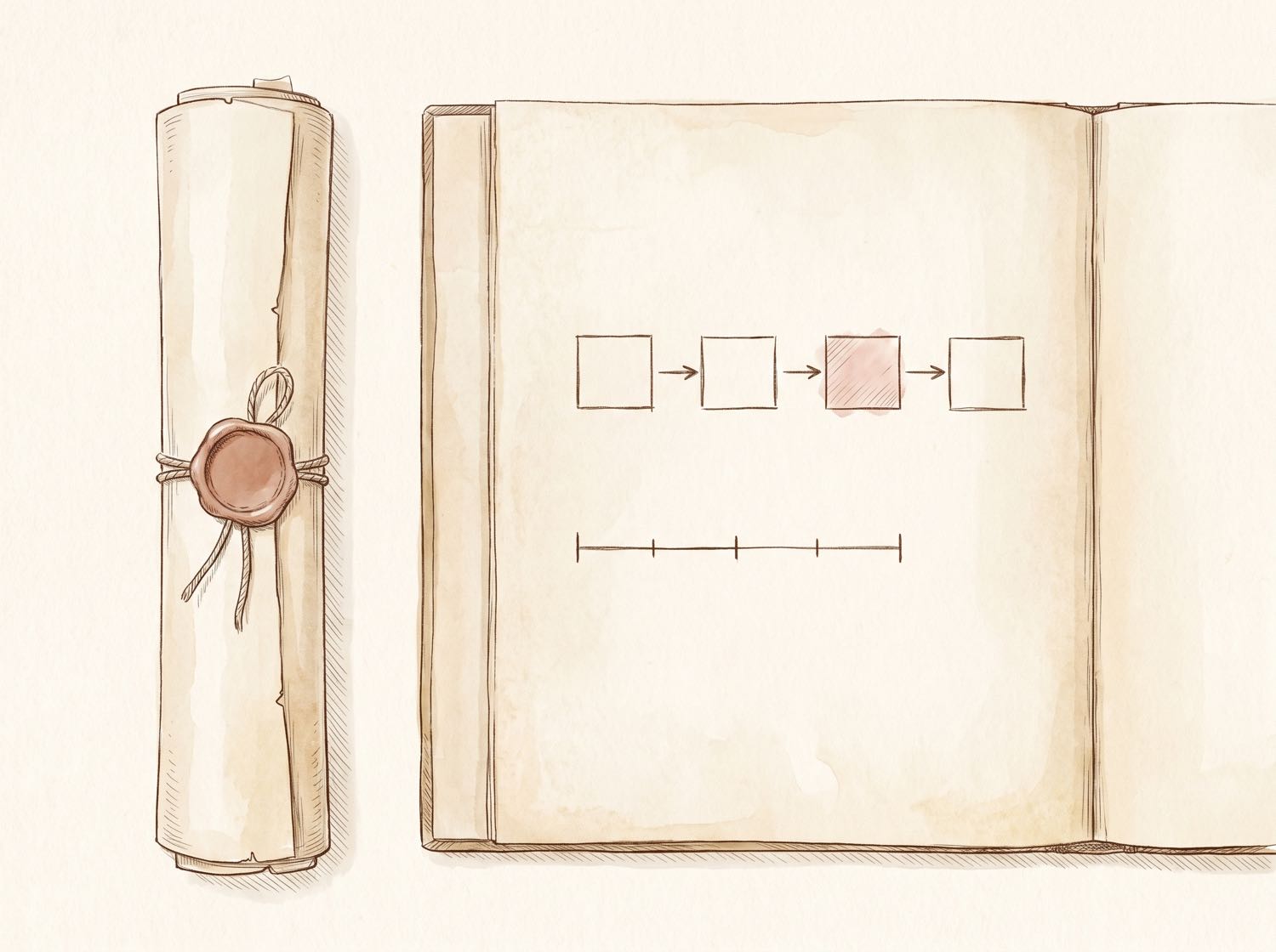 A codex study of two documents: on the left a sheet rolled and closed with a wax seal — the private Mirror, kept shut; on the right an open sheet bearing a hand-drawn pipeline of linked squares with one marked as the single constraint, and a short ninety-day timeline — the shareable Blueprint.